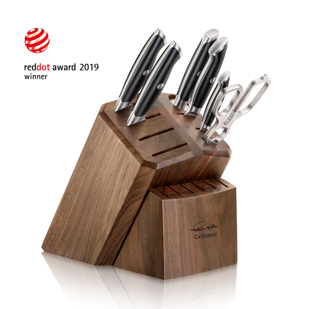 
                  
                    Load image into Gallery viewer, TKSC 7-Piece Knife Block Set with 8 Spare Slots, Forged Swedish Powder Steel, Thomas Keller Signature Collection, Black, 1024685
                  
                