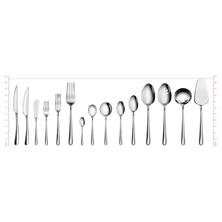 Set of 15 stainless steel flatware pieces including knives, forks, spoons, serving spoon, ladle, and pie server.