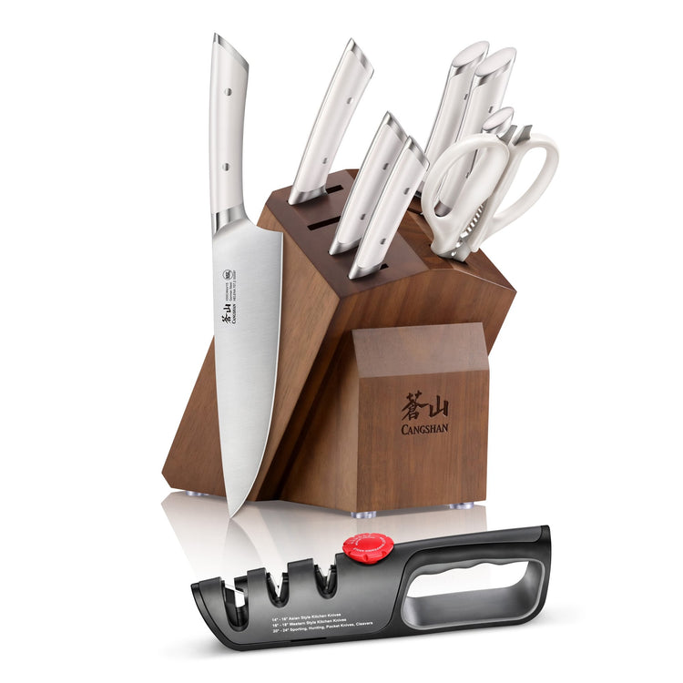 10-piece knife set with stainless steel blades and white handles in an acacia wood block, plus a black knife sharpener.