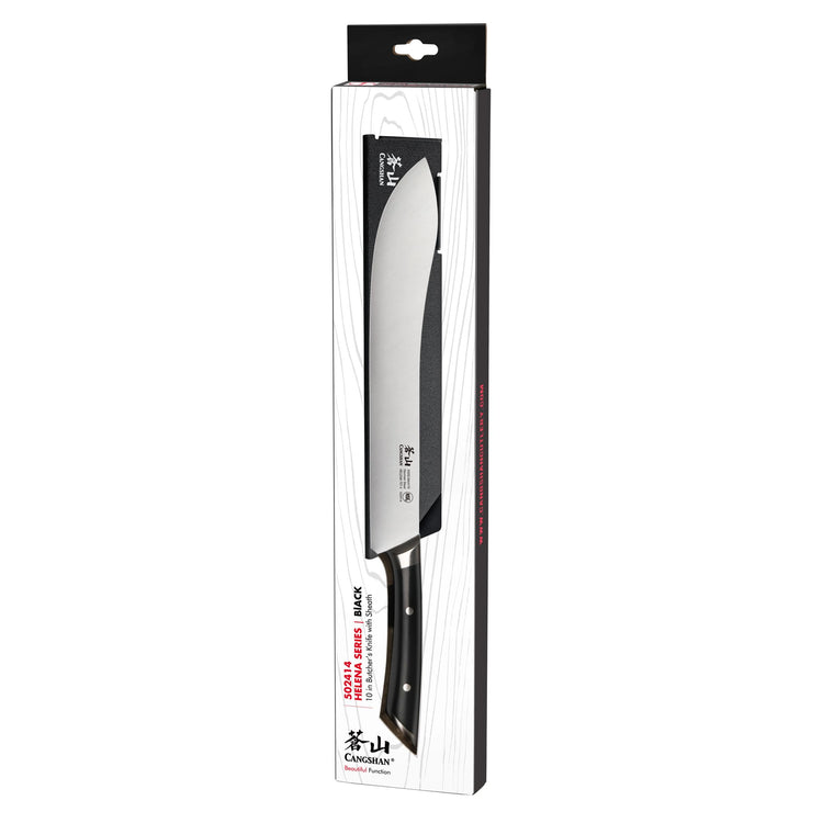 10-inch butcher knife with black handle and stainless steel blade in white and black retail packaging.