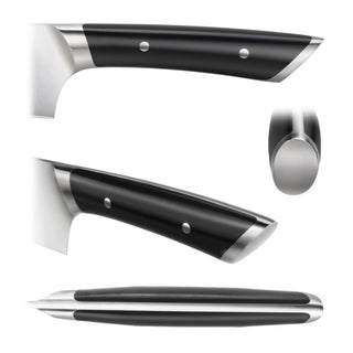 
                    
                      Black butcher knife handle with three metal rivets and stainless steel bolster and end cap shown from multiple angles.
                    
                  