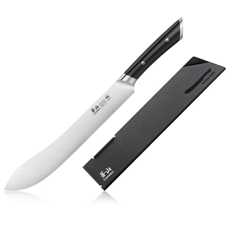 10-inch butcher knife with a curved stainless steel blade and black ergonomic handle, next to a black protective sheath.