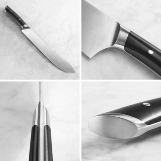 
                    
                      Butcher knife with black handle and forged German steel blade shown from multiple close-up angles.
                    
                  