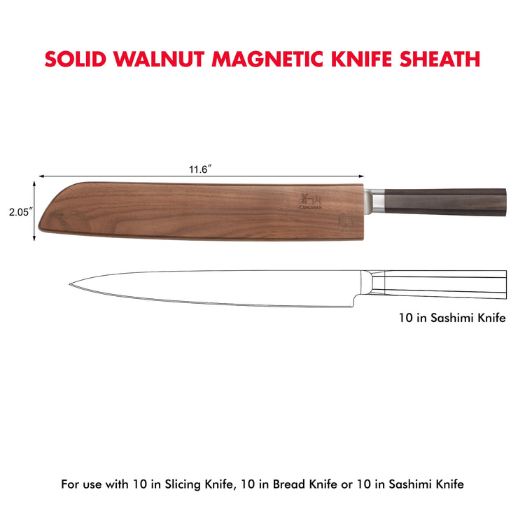 Walnut magnetic knife sheath measuring 11.6 by 2.05 inches, shown with a 10-inch sashimi knife outline.