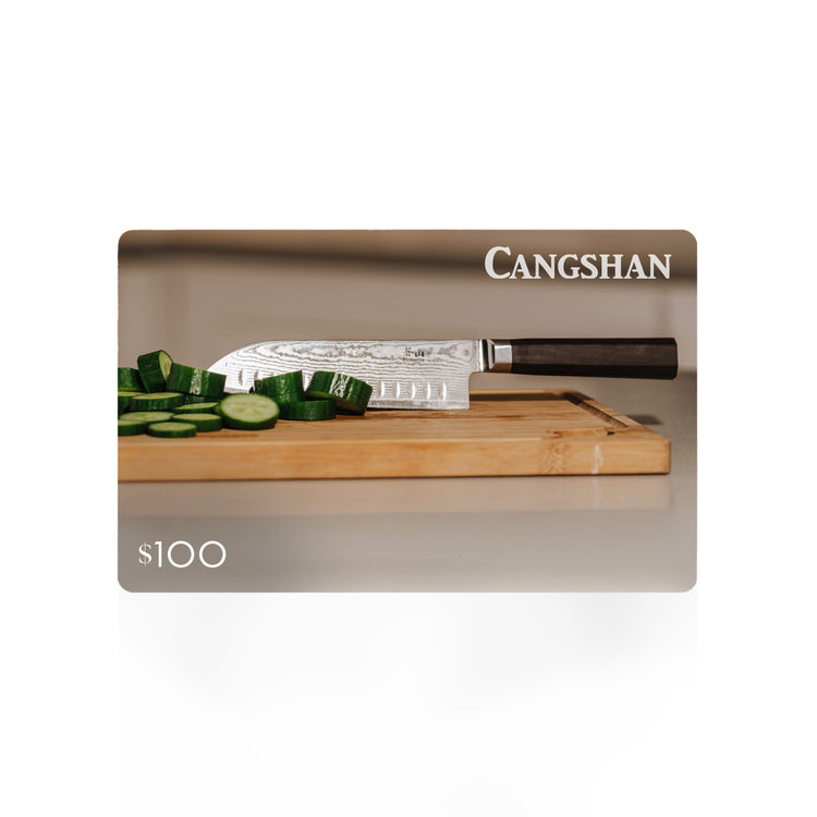 Cangshan $100 gift card featuring a knife on a cutting board next to sliced cucumbers.