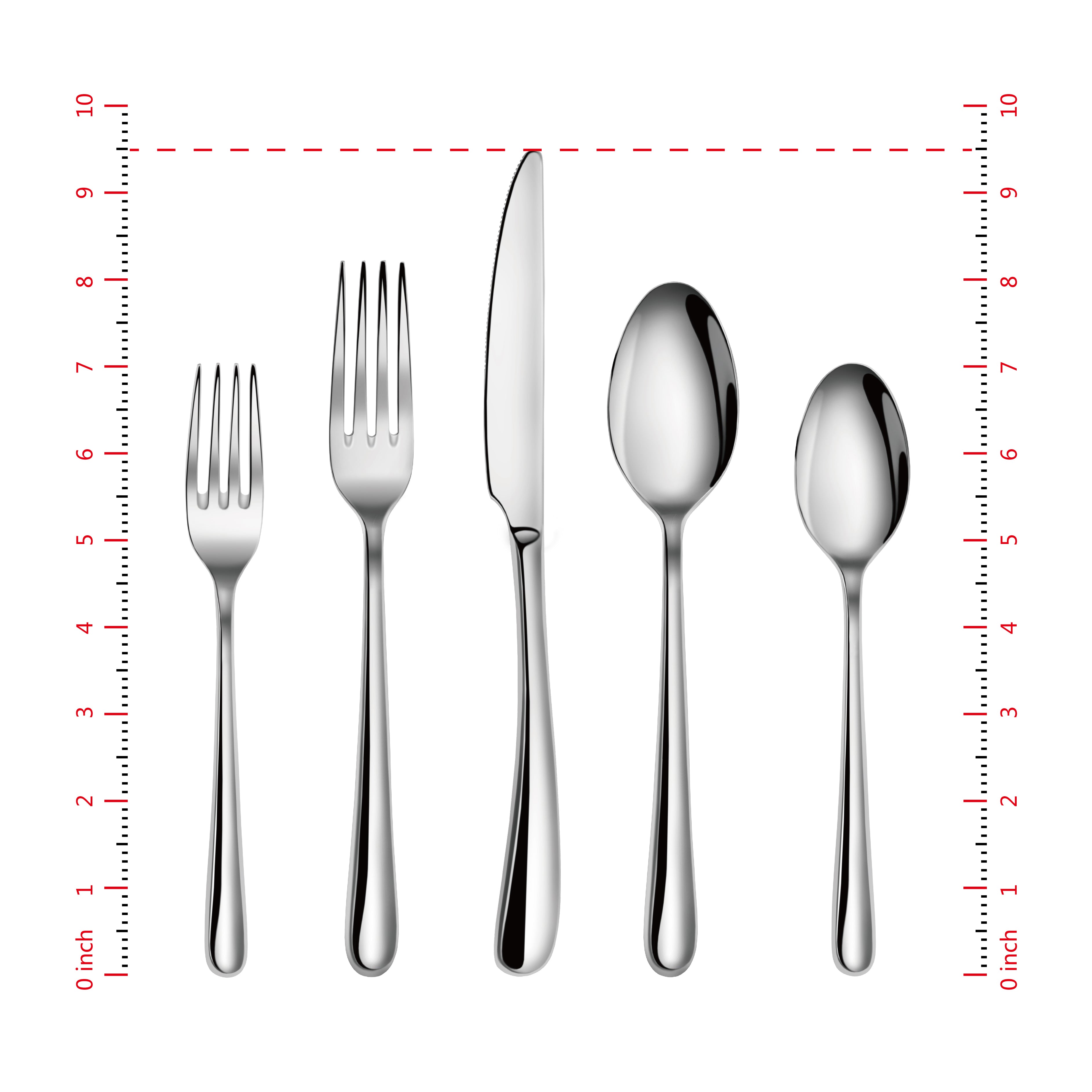 Five stainless steel flatware pieces including a salad fork, dinner fork, knife, tablespoon, and teaspoon aligned vertically.