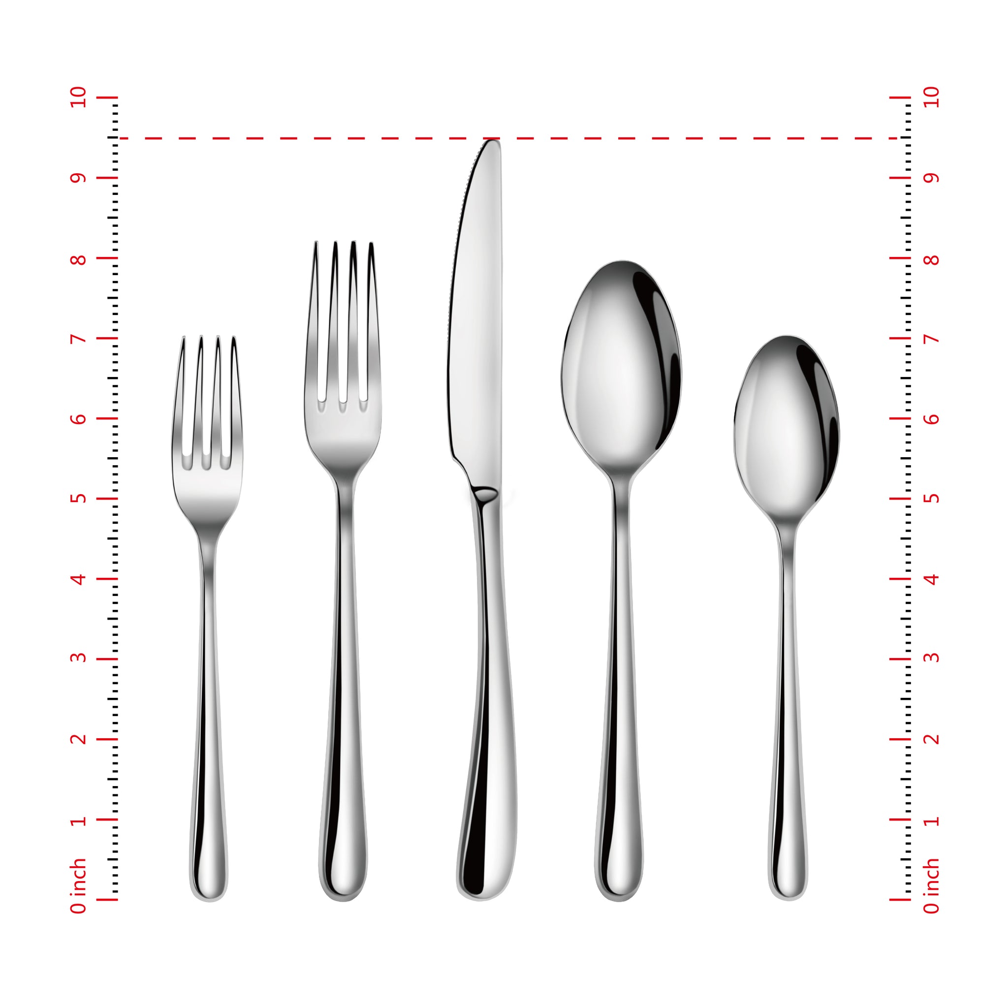 Five stainless steel flatware pieces including a salad fork, dinner fork, knife, tablespoon, and teaspoon aligned vertically.
