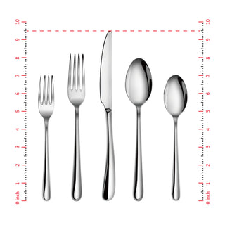 
                    
                      Five stainless steel flatware pieces including a salad fork, dinner fork, knife, tablespoon, and teaspoon aligned vertically.
                    
                  