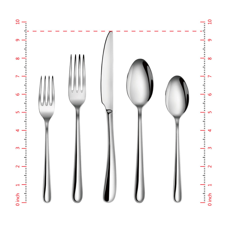 Five stainless steel flatware pieces including a salad fork, dinner fork, knife, tablespoon, and teaspoon aligned vertically.