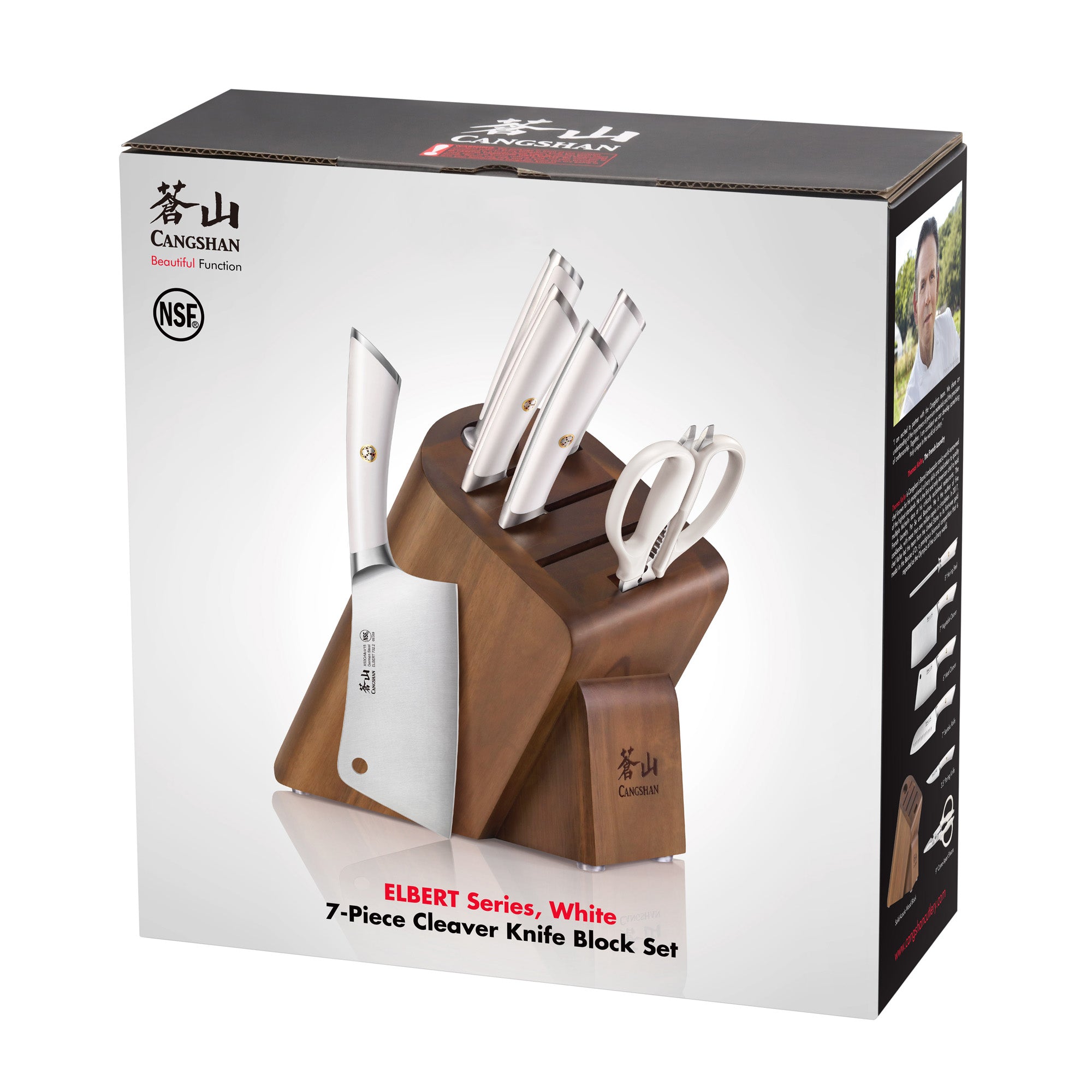 Wooden knife block holding five knives and a pair of scissors with white handles, including a cleaver.