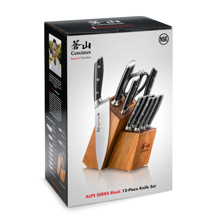 12-piece knife set with various knives in a wooden block, featuring black handles and stainless steel blades.