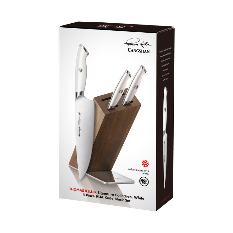 Knife block set with three stainless steel knives in a dark wood angled holder, displayed on product packaging.