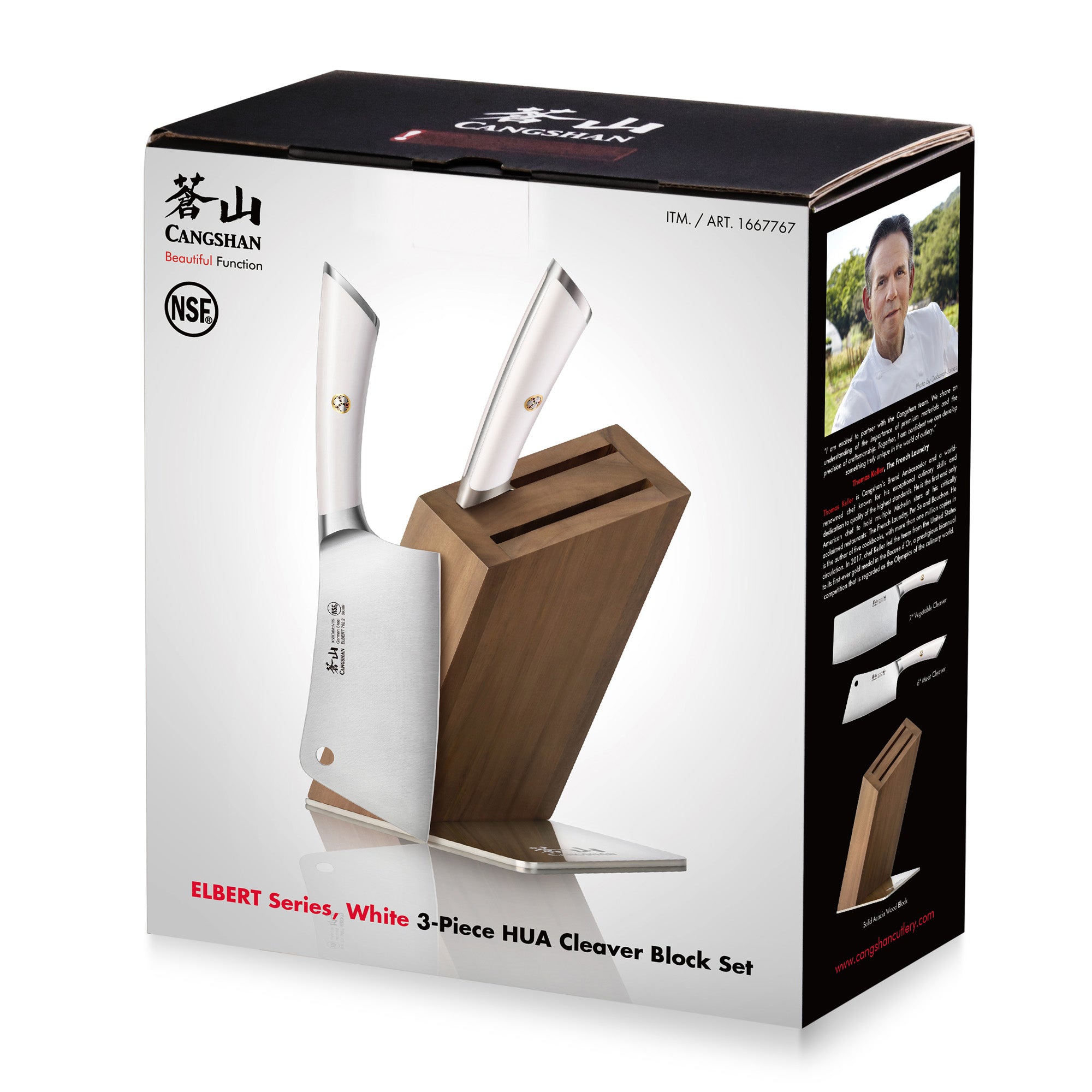 Three-piece cleaver knife set with white handles and a wooden block displayed on product packaging.