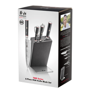 
                    
                      YARI Series 6-piece knife block set with four knives and kitchen shears in a black HUA ash wood block.
                    
                  