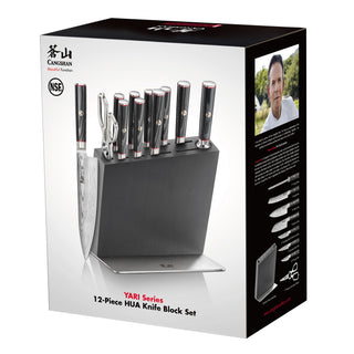 
                    
                      12-piece knife block set with black handles and a silver base, including knives, scissors, and a sharpening rod.
                    
                  