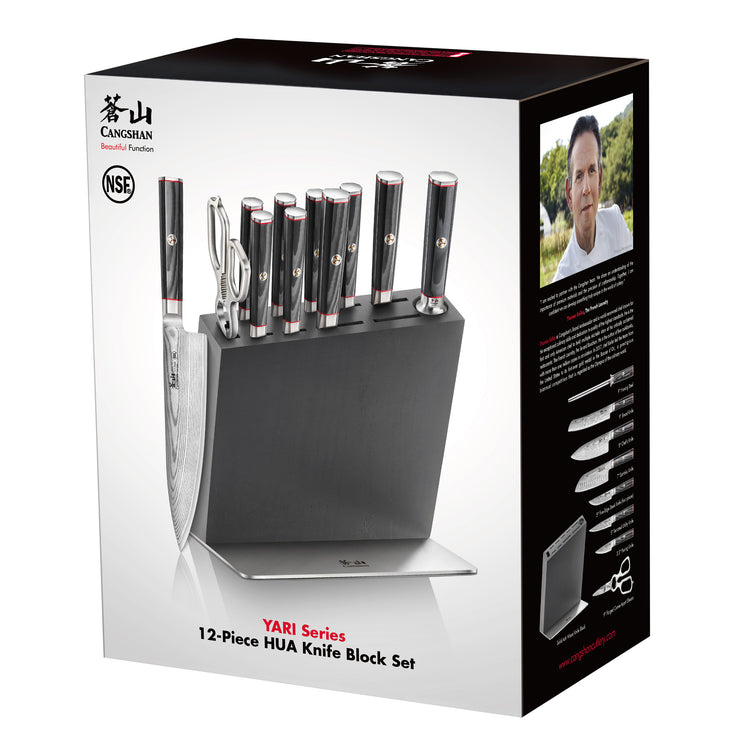 12-piece knife block set with black handles and a silver base, including knives, scissors, and a sharpening rod.