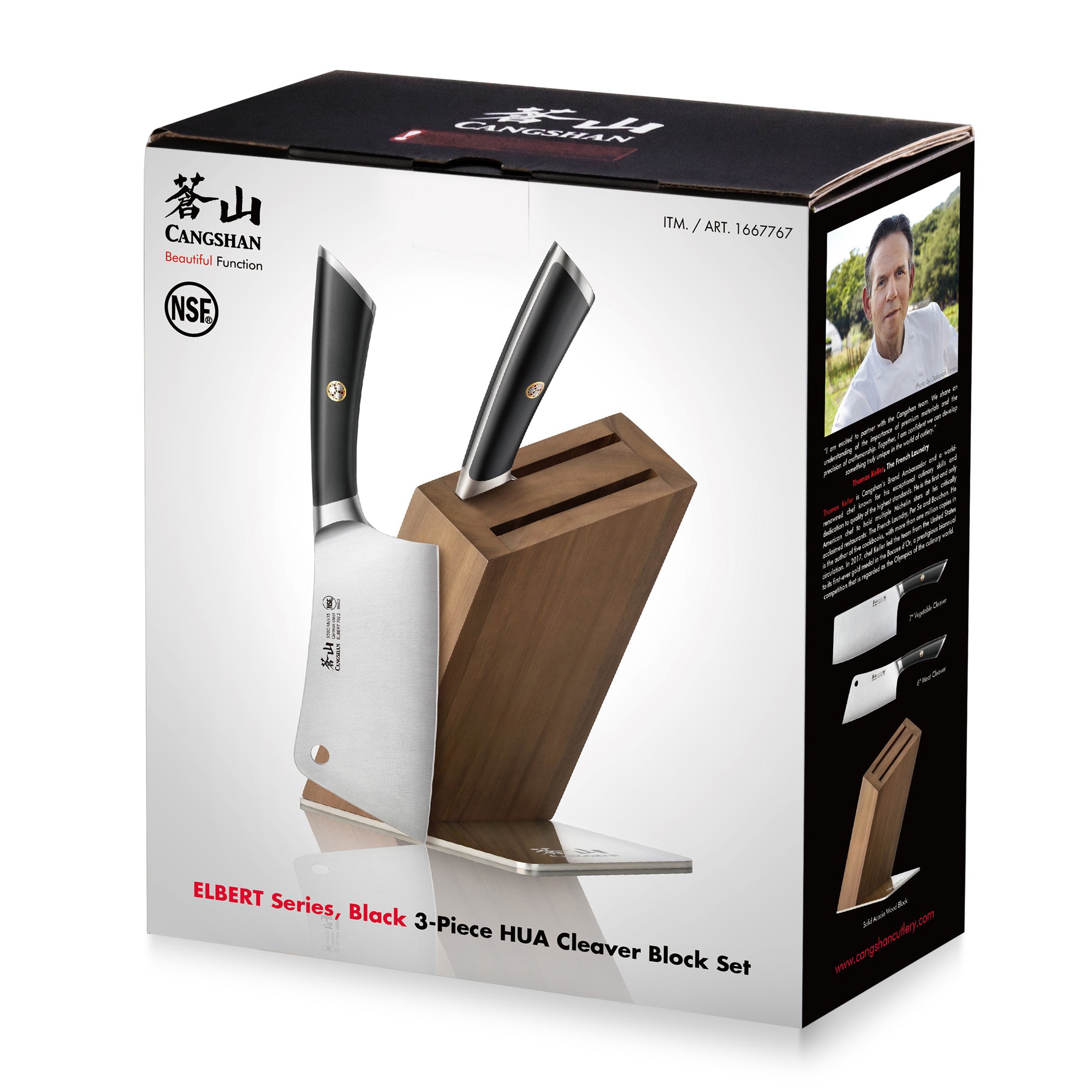 Three-piece cleaver knife set with black handles in an acacia wood block, displayed on product packaging.