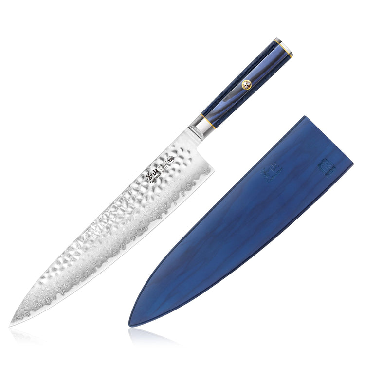 10-inch chef's knife with hammered Damascus steel blade and blue handle, alongside matching blue sheath.