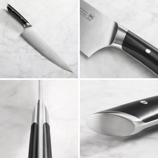 
                    
                      10-inch chef's knife with black handle, forged German steel blade, and polished metal bolster and end cap.
                    
                  
