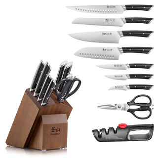 
                    
                      Knife block set with eight knives, kitchen scissors, and a knife sharpener in a wooden acacia block.
                    
                  