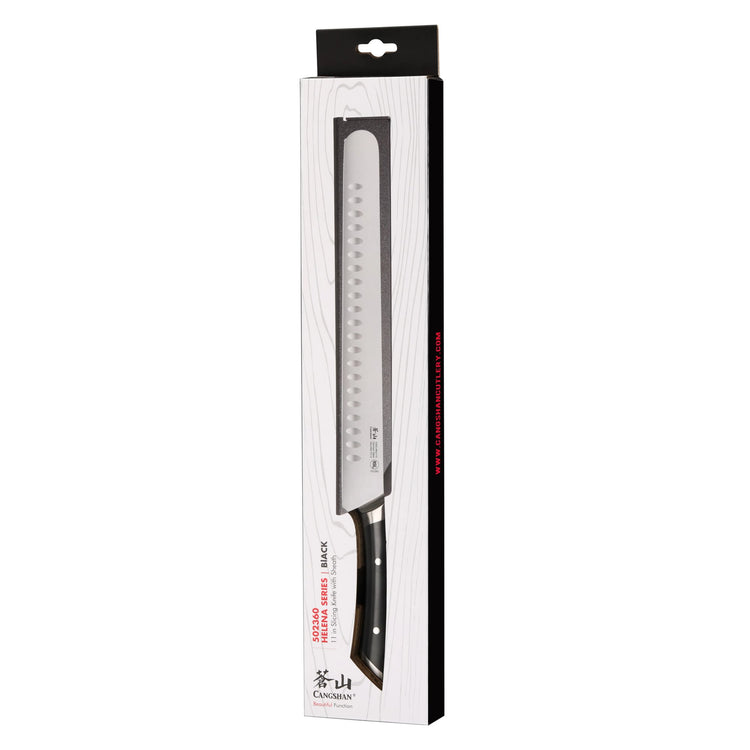 Black-handled 11-inch slicing knife with a perforated blade in white retail packaging.