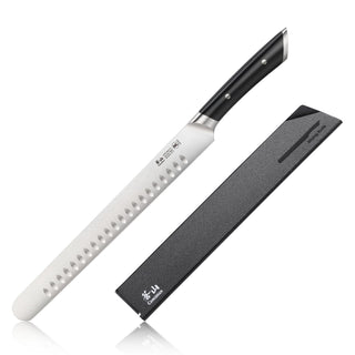 
                    
                      11-inch slicing/carving knife with black handle and protective black sheath, featuring a dimpled stainless steel blade.
                    
                  