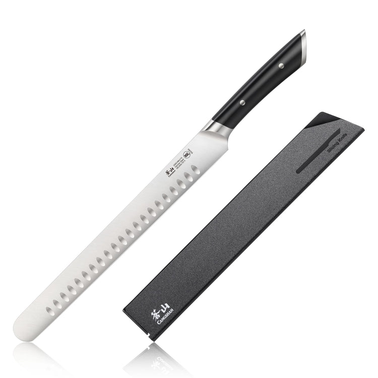 11-inch slicing/carving knife with black handle and protective black sheath, featuring a dimpled stainless steel blade.