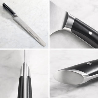 
                    
                      Black-handled slicing knife with a long, perforated stainless steel blade and close-up views of the handle and blade junction
                    
                  