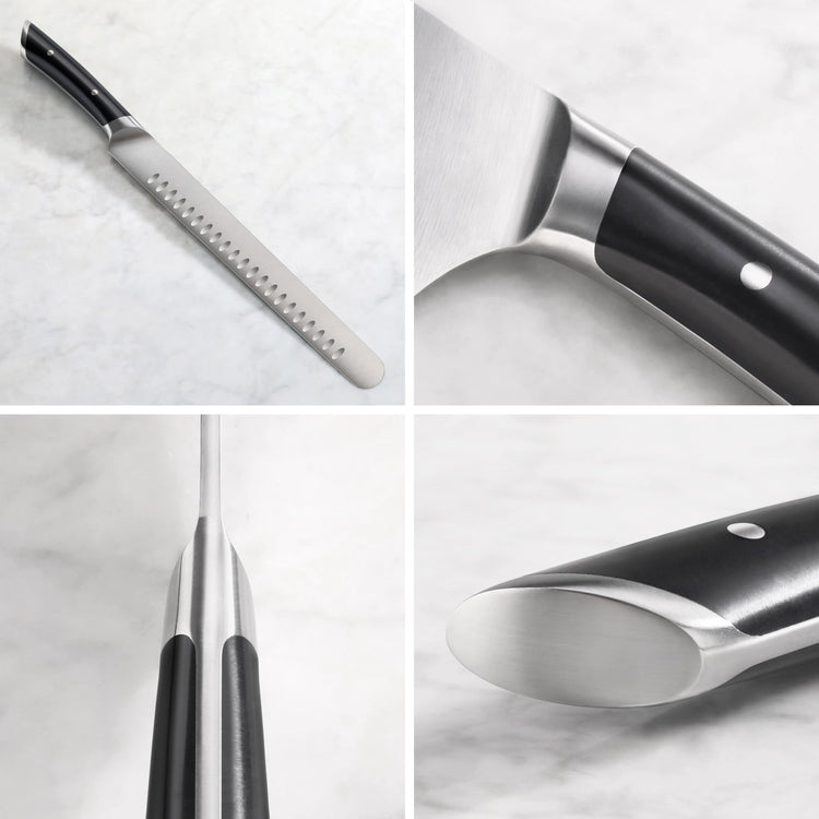 Black-handled slicing knife with a long, perforated stainless steel blade and close-up views of the handle and blade junction