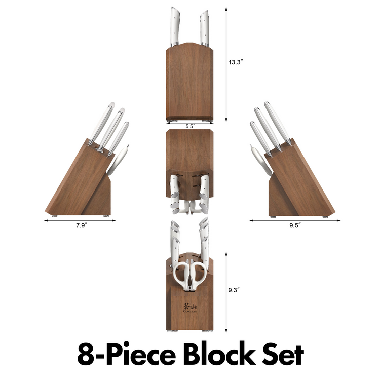 Wooden knife block with eight stainless steel knives and kitchen shears, shown from multiple angles with dimensions.