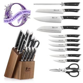 
                    
                      12-piece knife set with black handles in acacia wood block, including sharpening steel and kitchen scissors.
                    
                  