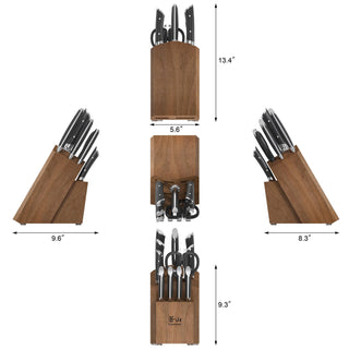 
                    
                      Wooden knife block with 12 knives and kitchen tools, shown from multiple angles with dimensions.
                    
                  