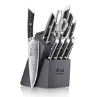 12-piece knife set with patterned blades, black handles, scissors, and a black angled wooden block with logo.