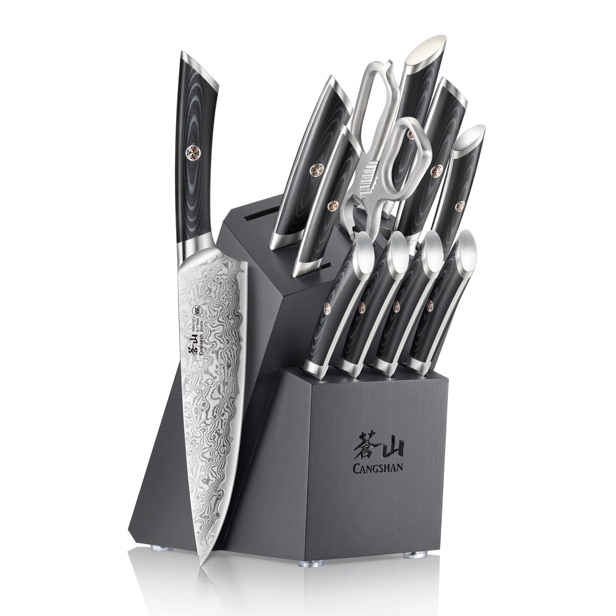 12-piece knife set with patterned blades, black handles, scissors, and a black angled wooden block with logo.
