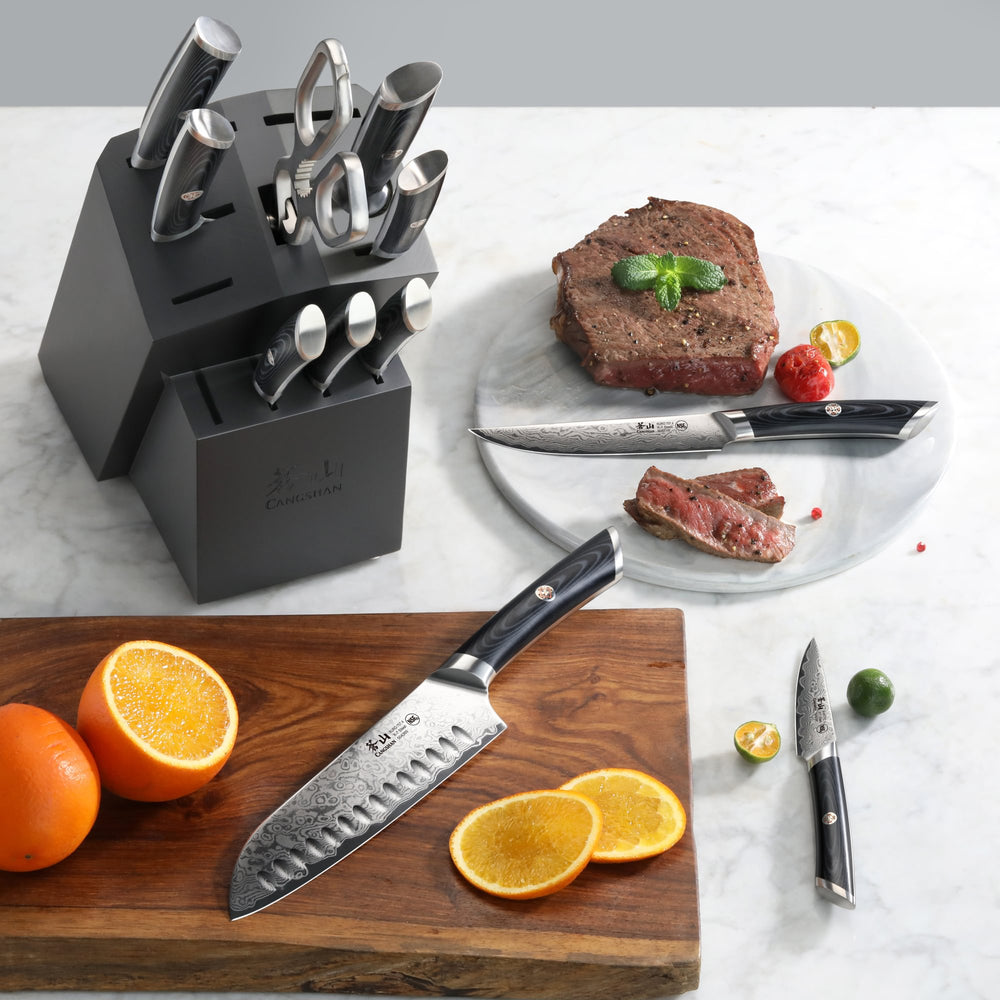 
                  
                    Load image into Gallery viewer, KURO Series 12-Piece Knife Block Set, High Carbon X-7 Damascus Steel, 504340
                  
                