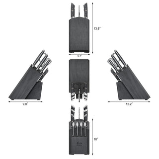 
                    
                      Knife block set with 12 knives, shown from multiple angles with dimensions: 13.8" height, 9.6" and 12.2" width, 5.7" depth.
                    
                  