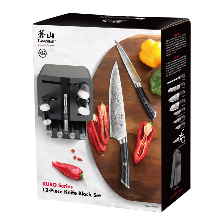 12-piece knife set with black block, featuring high carbon Damascus steel blades and ergonomic handles.