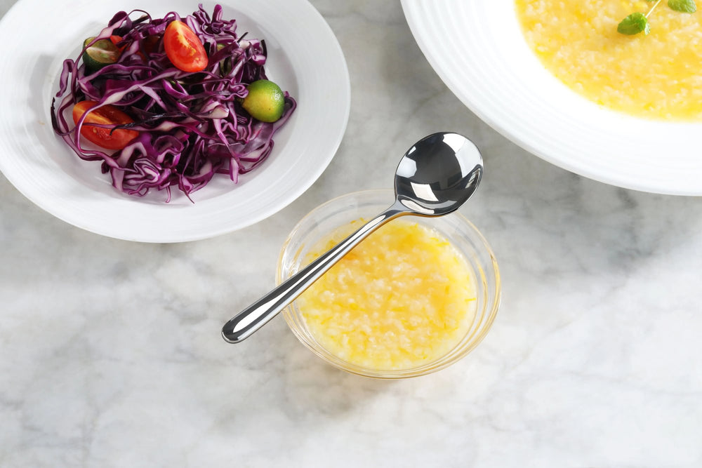 
                  
                    Load image into Gallery viewer, RAIN II Series Bouillon Spoon, Forged Stainless Steel, Mirror Finish
                  
                