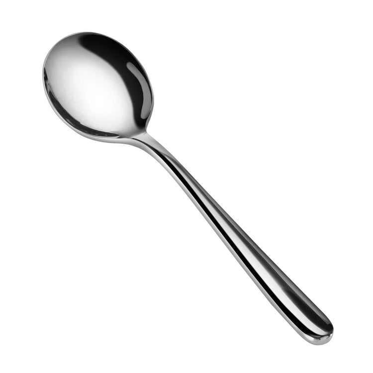 Single polished stainless steel bouillon spoon with a long handle and rounded bowl on a white background.