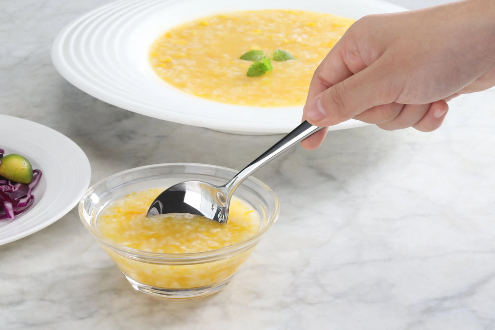 
                  
                    Load image into Gallery viewer, RAIN II Series Bouillon Spoon, Forged Stainless Steel, Mirror Finish
                  
                