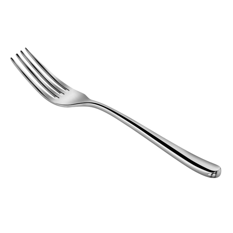 Single stainless steel dinner fork with four tines and a polished mirror finish.