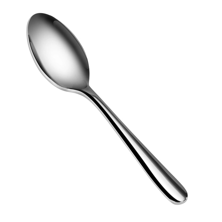 Single polished stainless steel spoon with a smooth, rounded handle and oval bowl on a white background.
