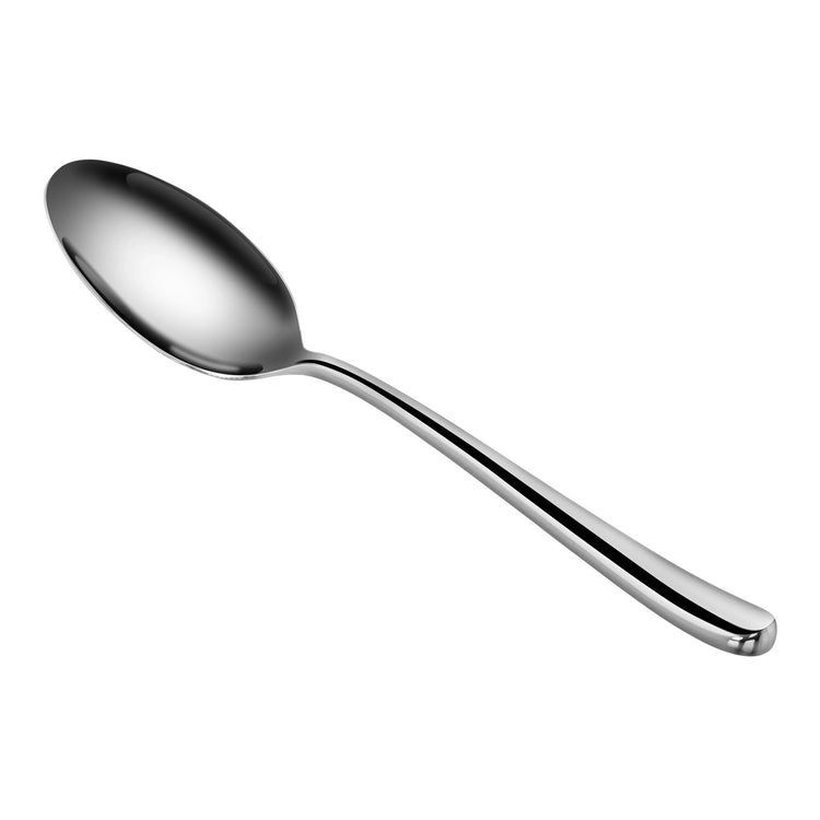Single polished stainless steel teaspoon with a smooth, curved handle and rounded bowl.