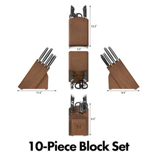 
                    
                      Wooden knife block with ten knives and scissors, shown from multiple angles with dimensions.
                    
                  