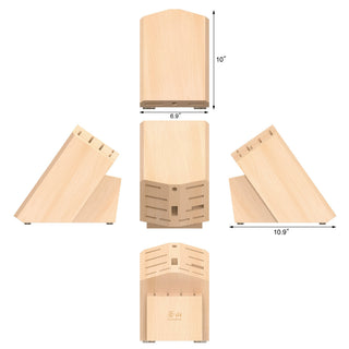 
                    
                      Maple knife block with 16 slots, shown from five angles with dimensions 10" height, 6.9" width, and 10.9" depth.
                    
                  