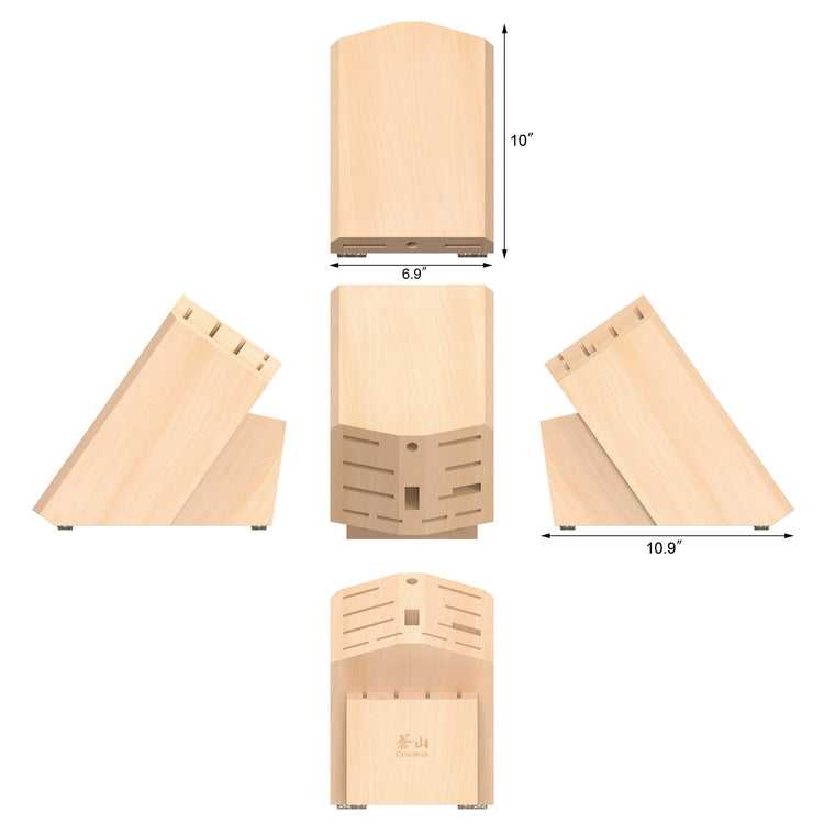 Maple knife block with 16 slots, shown from five angles with dimensions 10" height, 6.9" width, and 10.9" depth.
