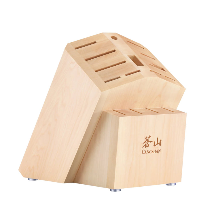 Maple wood knife block with 16 slots for organizing various knife sizes and accessories.