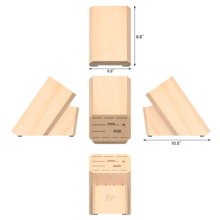 Maple knife block with 16 slots, flat top, shown from five angles with dimensions 9.8" height, 6.6" width, 10.5" depth.