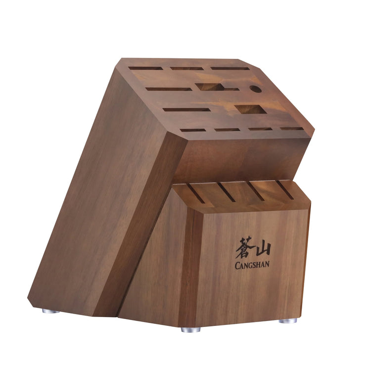 Wooden knife block with 16 slots and flat top, made of acacia wood, featuring a logo on the front.