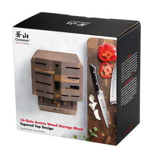 
                    
                      16-slot acacia wood knife block with angled top, shown on packaging with knife, garlic, and sliced tomato.
                    
                  